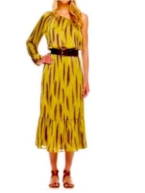 MICHAEL Michael Kors NEW One Shoulder Maxi Dress Olive Feather Women L Bohemian
